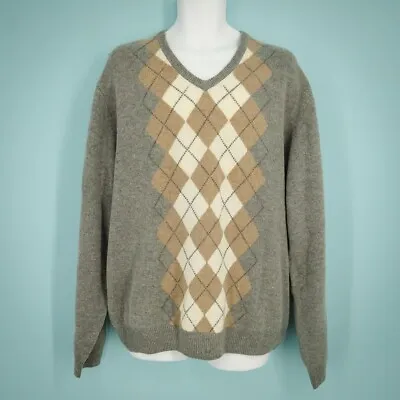 Jos A Bank Size XL Gray Tan Argyle V Neck Long Sleeve Lambswool Wool Sweater NEW • $40