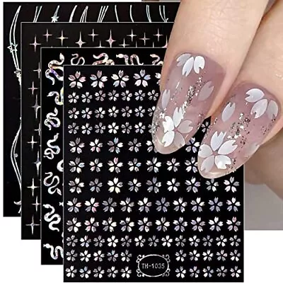 JMEOWIO 8 Sheets Flower Nail Art Stickers Decals Self-Adhesive Silver  • $10.52