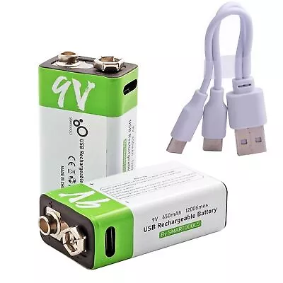 2 X 9V 650mAh USB Type-C Rechargeable Lithium-Ion Li-Ion Battery + Cable Charger • £14.27