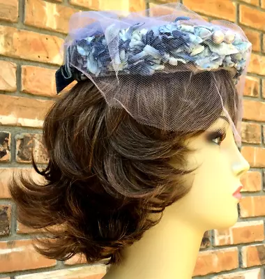 Antique Blue “Ranleigh” Ladies Hat Crown Silk Velvet Blue Floral Pearl Veil RARE • $17.99