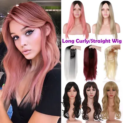 Long Pink Ombre Wavy Synthetic Wigs With Bangs Natural Wave Hair Wigs Cosplay UK • £17.24