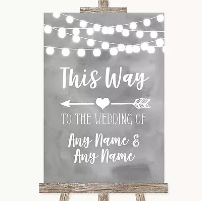£64.95 • Buy Grey Watercolour Lights This Way Arrow Left Personalised Wedding Sign