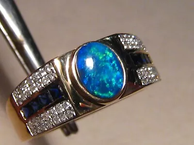 Men's Opal Ring With Diamond And  Blue Sapphire  Solid  14k Yellow Gold • $1100