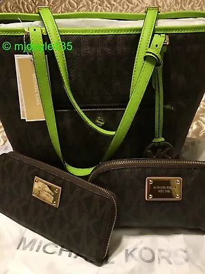 3 PC Set-MICHAEL KORS Signature MK LG Tote Brown With Cosmetic Bag & Zip Wallet  • $209.50