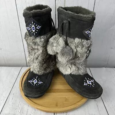 Minnetonka Women's Gray 8541  Rabbit Fur Mid Calf Winter Boots Us Size 10 • $49.99