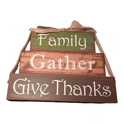 Family Gather Give Thanks Wood Block Sign Burlap Bow Thanksgiving Fall Harvest • $29.95