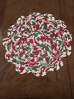 Vintage Christmas Doily Hand Crochet Centerpiece 18” Red Green White Variegated • $14