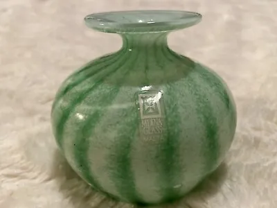 Vintage Mdina Hand Blown Vase  Green & White Striped Pattern • $38.50