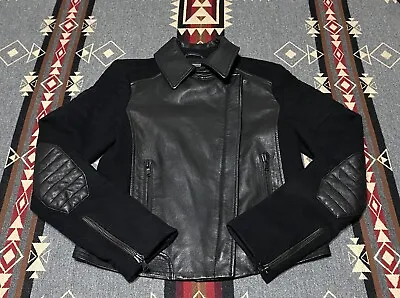 Women's Vince Black Leather Trim Wool Blend Moto Zip Up Jacket Sz XS Padded HR • $62.95