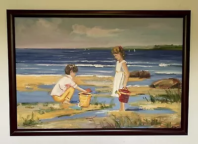 Large Oil Painting - Children On Beach With Sand Buckets Signed 67cm X 95cm • $275