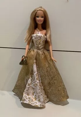 Vintage Barbie Doll Metallic Silky Gold Floral Rhinestone Evening Gown Dress • $16