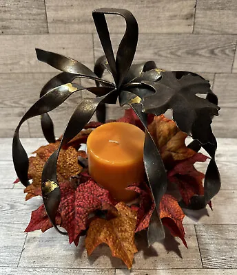 Pumpkin Candle Holder W/ Leaf Insert & Candle Rustic Metal Home Decor • $11.19