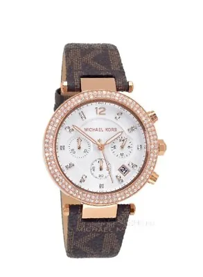 $135.99 • Buy Michael Kors Parker Womens Chronograph Watch White Dial Rose Gold Brown PVC Band