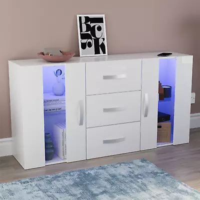 £109.99 • Buy LED Sideboard 2 Door 3 Drawer Buffet Storage Cabinet Cupboard TV Unit High Gloss