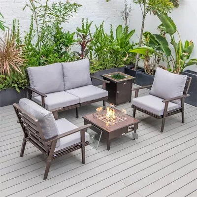 LeisureMod Walbrooke Brown Aluminum Patio Conversation Set Gray • $2975.19