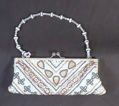 Women's Vintage Beaded White Floral Design Clutch Purse Carryall Bag • $4.99