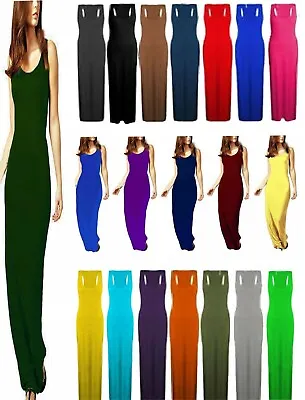 Womens Ladies Long Maxi Dress Stretch Bodycon Plain Racer Muscle Back Vest Dress • £8.59