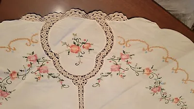 Vintage  Embroidered TABLECLOTH CROCHET  Inserts COTTON Rectangular 83 X 63  • $65