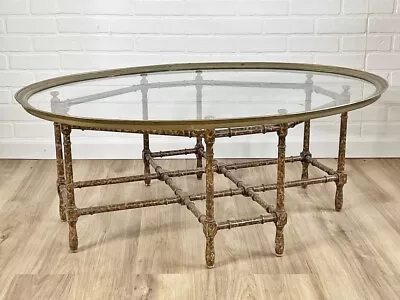 Vintage Baker Hollywood Regency Brass And Glass Top Coffee Table With Faux Bambo • $2390