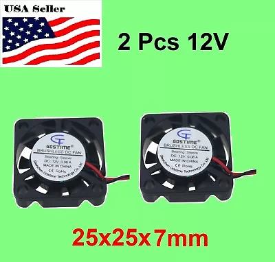 2Pcs 12V 2Pin 25mm 25x25x7mm7mm 2.5cm 9Blade Mini Small DC Brushless Cooling Fan • $8.49