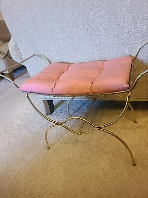 Hollywood Regency Brass Scoop Vanity Stool Bench With Moriee Pink Cushion • $55