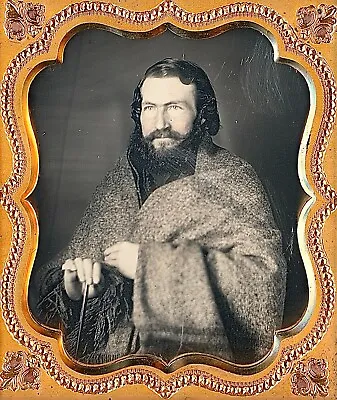 Thick Bearded Man Wrapped In Blanket Holding Cane 1/6 Plate Daguerreotype H870 • $1387.50