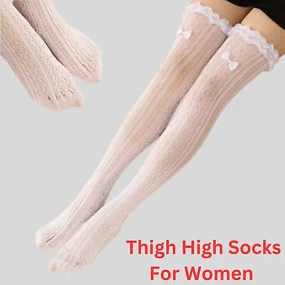 Sheer Mesh Thigh High Socks Lace Trim Bowknot Decor Over The Knee Socks For Girl • £4.99