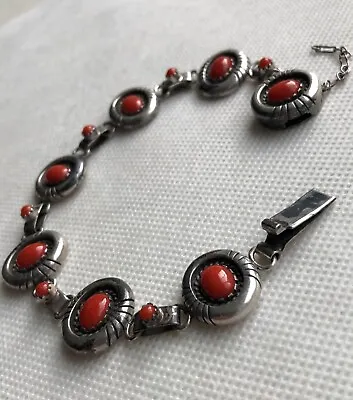 Vintage Navajo Mary Marie Yazzie 925 Sterling Silver Red Coral Link Bracelet • $1995