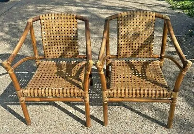 Pair McGuire Rattan And Laced Rawhide Dining Arm Chairs 1980s Era Production • $1800