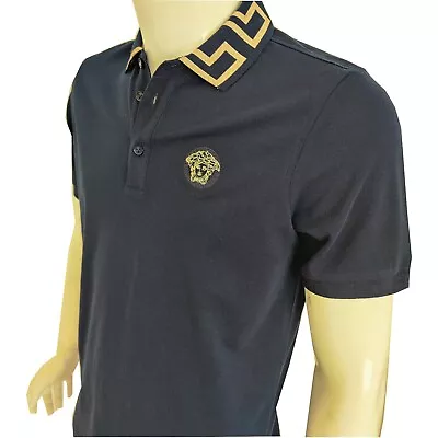 Mens Polo Versace T Shirt Short Sleeve Navy Blue & Gold US Slim Size Embroidered • $129