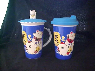 2 Blue Japanese Ceramic Maneki Neko Lucky Cat Coffee & Tea Cups Excellent • $18