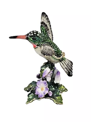 Enamel Hummingbird Bird Hinged Jewelry Ring Trinket Box Metal Bejeweled • $24.99