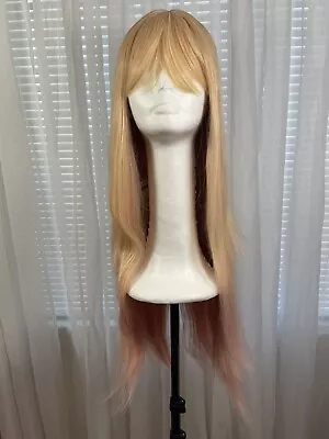 Womens Wig 30” Blonde Mix Pink Ombre Cosplay Straight Bangs Premium Synthetic • $24.77