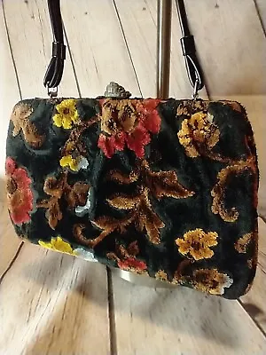 Vtg Floral Chenille Upholstery Piled Carpet Bag Purse Multi Color Raised Pattern • $37.88