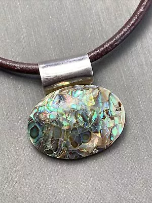 Vintage Boho  Sterling Silver Abalone Mosaic Pendant  Necklace 16” Leather Chain • $26.50