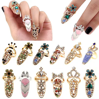 Women Fashion Bowknot Nail Ring Charm Crown Flower Crystal Finger Nail RingsY`OR • $1.24