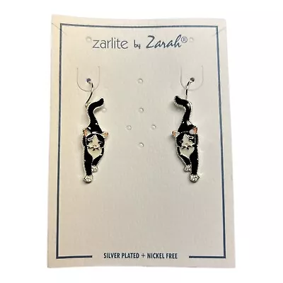 Socks The Tuxedo Cat Dangle Earrings Sterling Silver Plated Enamel Zarlite Zarah • $25.99