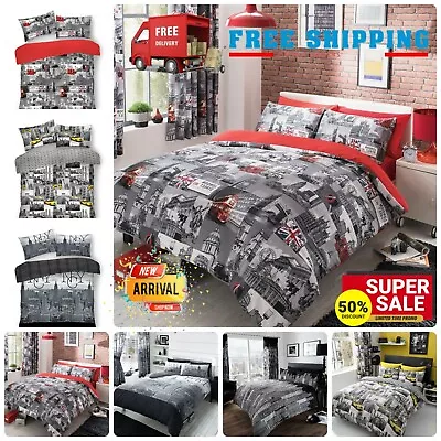 World Cities Theme Duvet Cover NYC LONDON CITY BUS SKY LINE Bedding Set All Size • £12.99