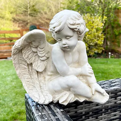 White Angel Cherub Garden Ornament Resin Sitting Winged Cupid Sculpture Statue • £27