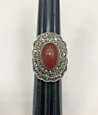 Vintage Sterling Silver Carnelian Marcasite Ring Size 5.25 • $19.99