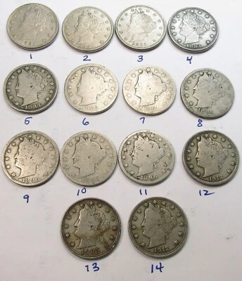 $8.51 • Buy 14 V Nickels ~ Liberty Head ~ 1883 1889 1894 1896 1905 1912  (Lot#14-2)