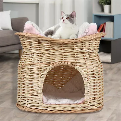 £28.92 • Buy 2 Tier Rattan Wicker Elevated Cat House Kitty Scratch House Pet Bed W/ Cushion