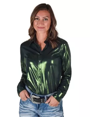 Cowgirl Tuff Western Shirt Womens L/S Metallic Dark Green 100784 • $84.94