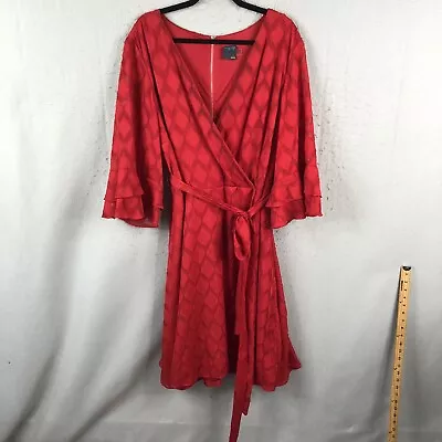 Gabby Skye Dress Womens 24W Plus Size Red Faux Wrap Flare Sleeve Knit Office • $24.78