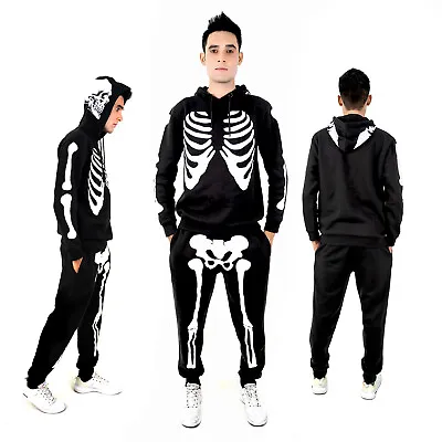 Men's Halloween Skeleton Tracksuit Joggers Plush Pyjama Printed Hoodie Jumpsuit • £24.99