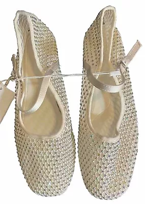 ZARA Rhinestone Studded Ballerina Flats With Strap Ivory  Women’s Sz 4 • $25.99