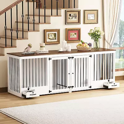 86.6  Furniture Style Dog Crate For 2 Dogs Heavy Duty Wooden Kennel White • $594.92