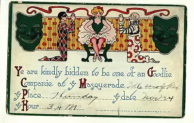 Comic - Invitation To Masquerade Party  Vintage Postcard - Stamp 1910 • $1.75