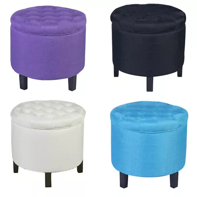 $49.90 • Buy Round Storage Ottoman Linen Fabric Footrest Stool W/ Removable Lid&Thick Cushion