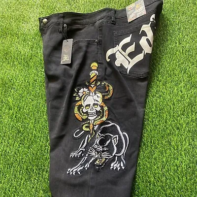 NWT Ed Hardy Jeans Denim 5 Pocket Embroidered Skull Snake Panther Men Sz 36 Blk • $70